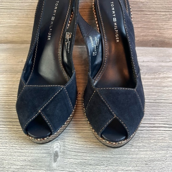 Tommy Hilfiger Vivienne wedge navy suede gingham sling peep toe sandals size 7 - Picture 6 of 14